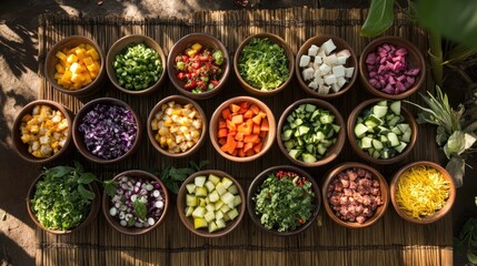 Fototapeta premium Fresh and Colorful Vegetables Arranged in Bowls on Natural Surface