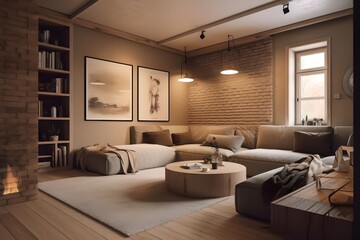 Fototapeta premium Photo modern styled interior design with beige or grey sofa and wooden side table