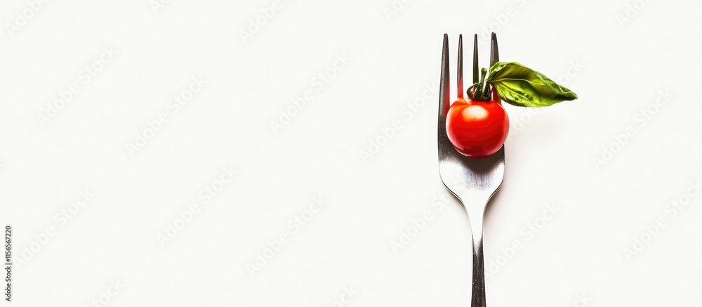 Poster homemade pasta with cherry tomatoes and basil on a fork minimalist design with ample space for text 