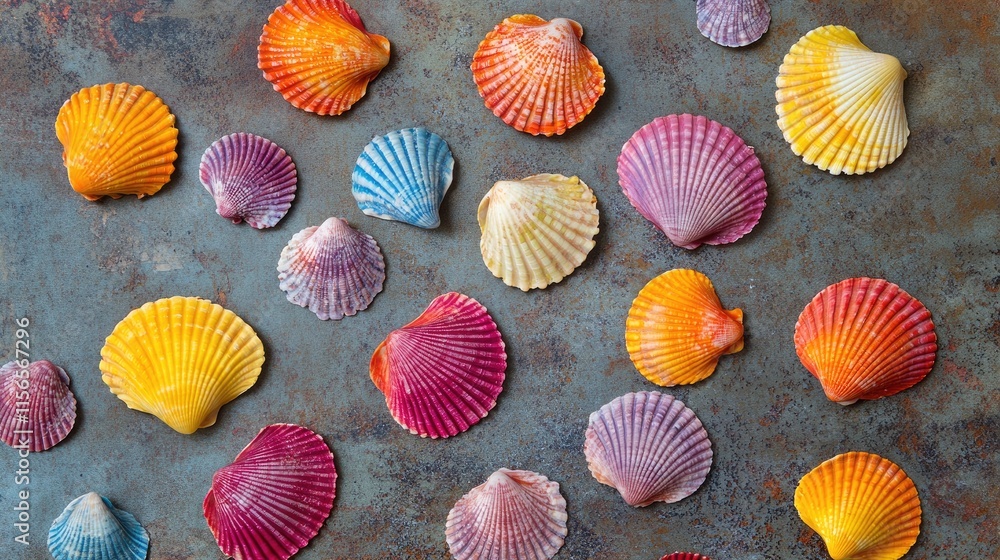 Poster vibrant seashells flat lay arrangement with blank area for text and design elements