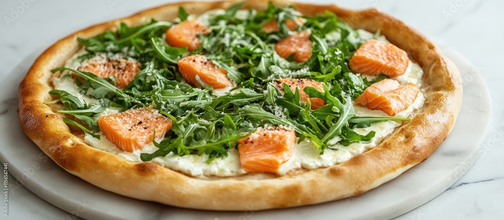 Poster italian salmon pizza with arugula and parmesan on marble surface top view with empty space for text 