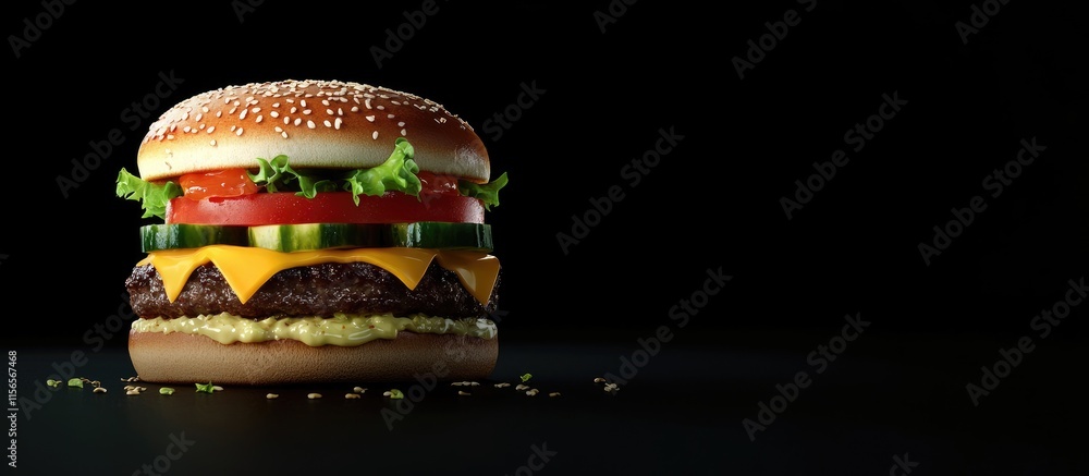 Poster delicious double cheeseburger with fresh vegetables and empty space for text showcasing appetizing f