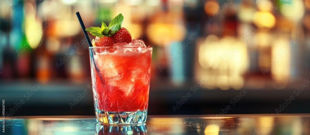 Poster refreshing cocktail placed on a vibrant bar counter with a blurred background ideal for text placeme