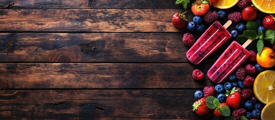 Colorful fruit and berry popsicles on a wooden background showcasing a healthy summer treat with room for customization and text placement.