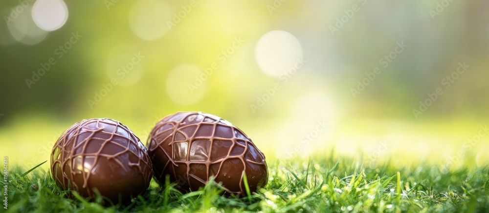 Poster chocolate easter eggs on vibrant green grass with soft blurred background creating an inviting space