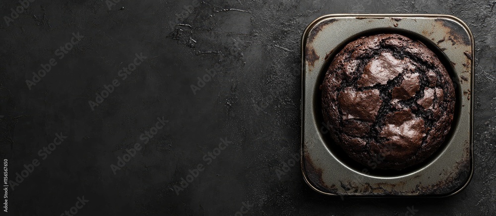 Aufkleber chocolate muffin baked in a metal tray on a dark background with ample negative space for text or br
