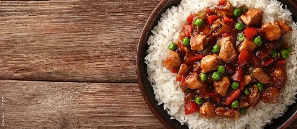 Poster savory chicken curry served on a bed of fluffy rice with empty space for customizable text or brandi