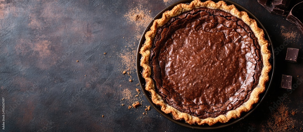 Poster delicious chocolate pie on rustic background with crumbs and ample blank space for creative text or 