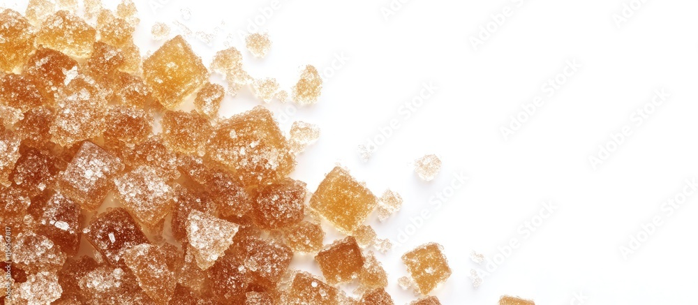 Poster brown sugar crystals on white background showcasing texture and color with ample space for text plac