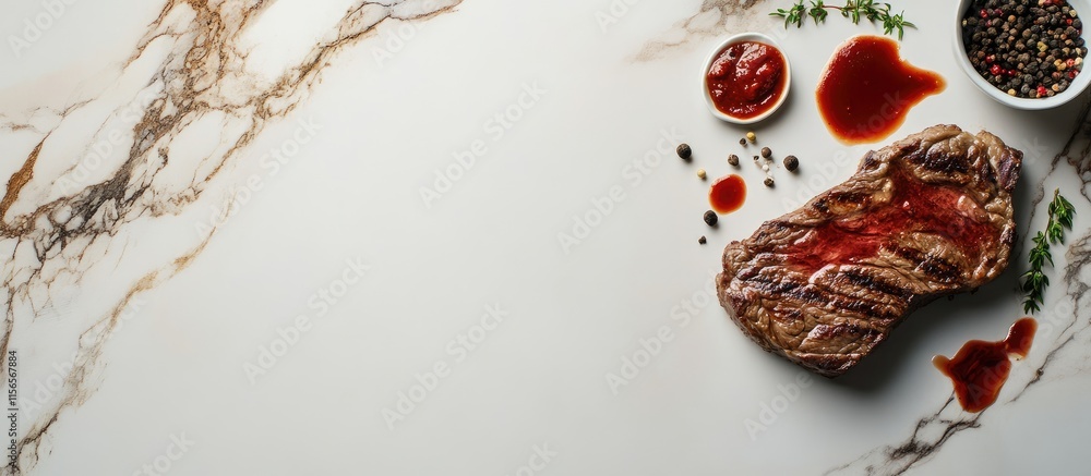 Aufkleber savory beef steak with sauce on a marble surface featuring herbs and spices with ample room for text