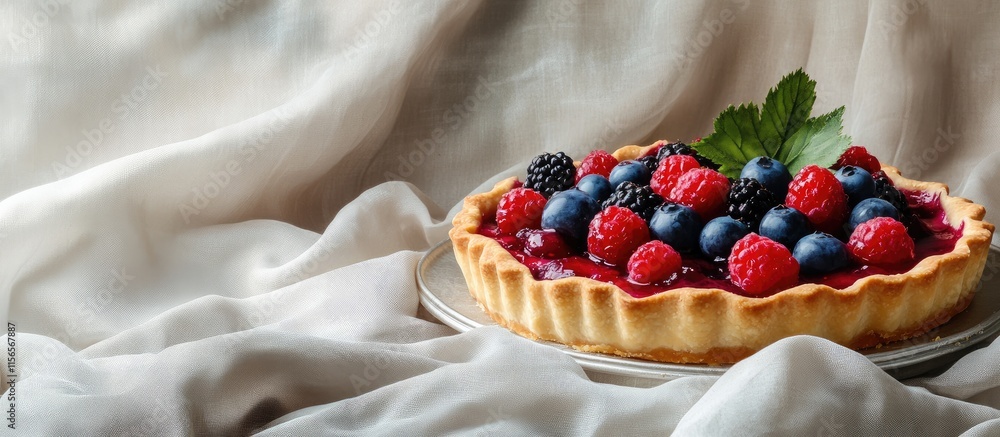 Poster berry pie with golden crust garnished with fresh mint on textured fabric with empty space for text o