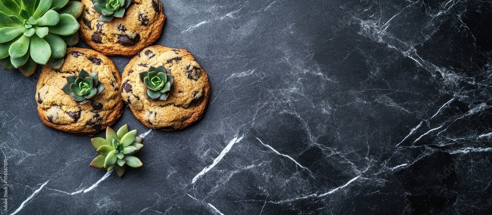 Poster delicious cookies and succulents on dark marble background with selective focus empty space for crea