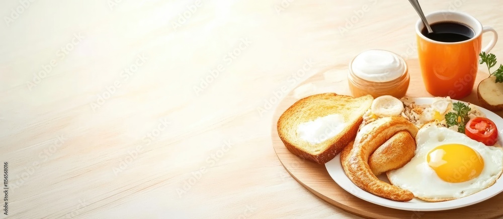 Poster healthy breakfast spread featuring eggs toast and coffee on wooden table with space for custom text 