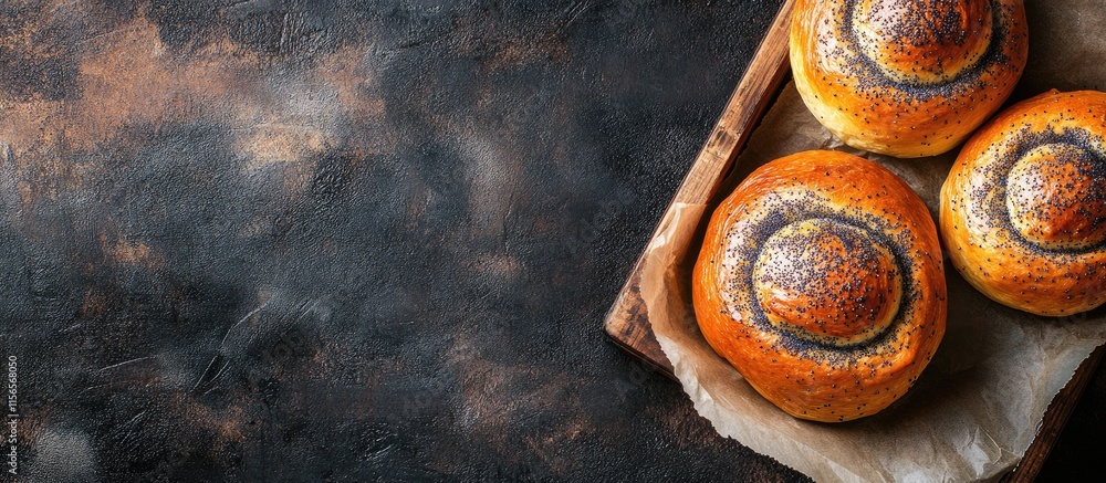 Poster freshly baked poppy seed buns in rustic setting with space for text showcasing culinary delight and 