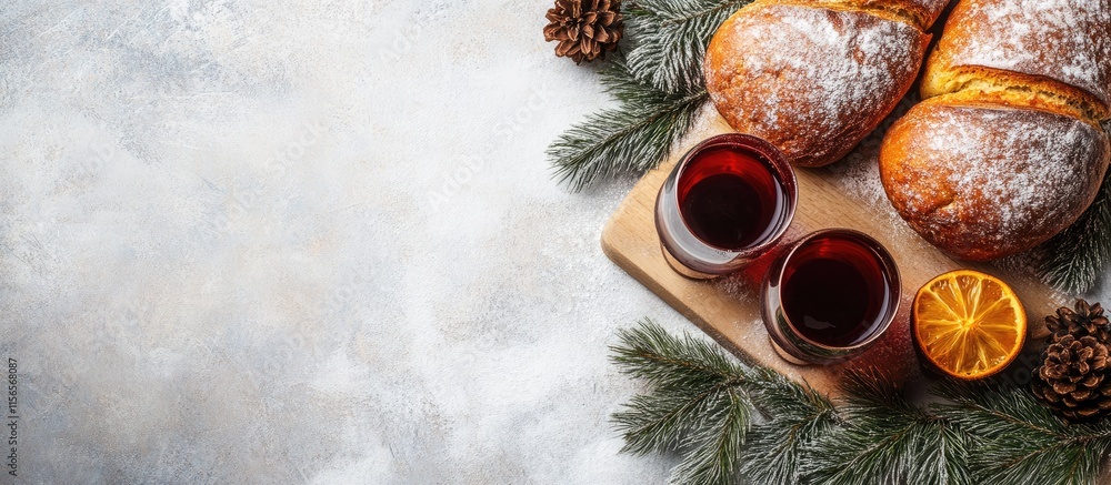 Poster festive christmas bread and mulled wine on a textured surface with pinecones and empty space for sea