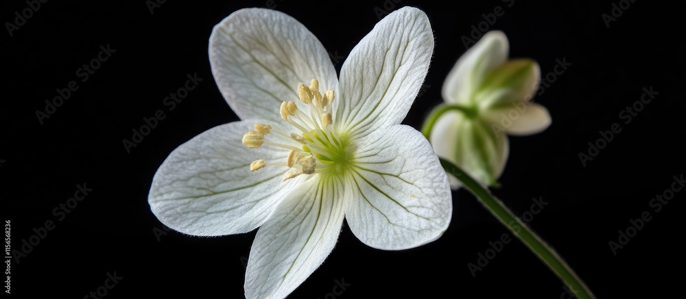 Poster close up of a delicate white flower on a dark background with ample space for text and design elemen