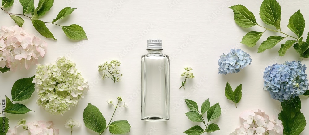 Poster hydrangeas and greenery framing a sleek empty bottle on a light background ideal for product placeme