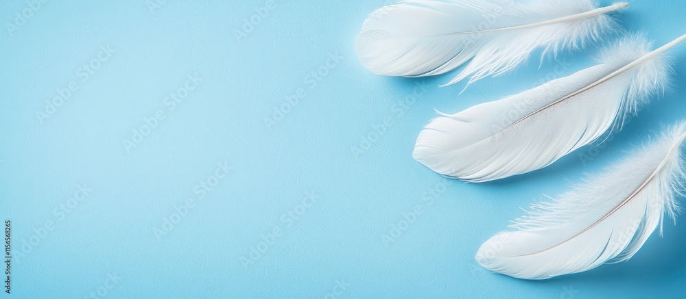 Poster white feathers softly placed on a blue background creating a serene atmosphere with ample space for 