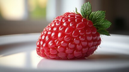 A fresh raspberry resting on a clean white plate with hyper-realistic details and vibrant colors.