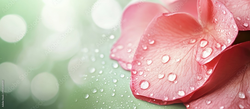 Poster soft pink flower petals with dew drops on lush green background and space for adding customized text