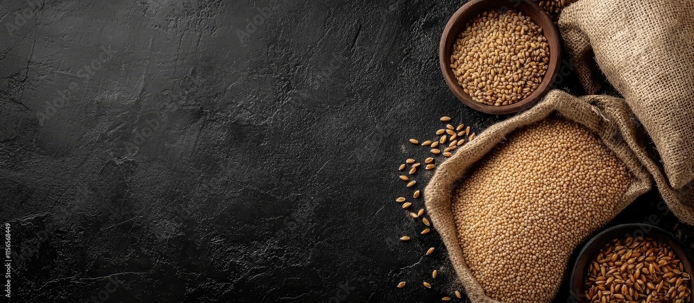 Aufkleber freshly milled and bagged grains displayed on a rustic table with empty space for text advertising o