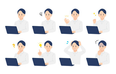 パソコンを見ながらいろいろな表情･ポーズをする中年男性のセット【人物ベクターイラスト素材】