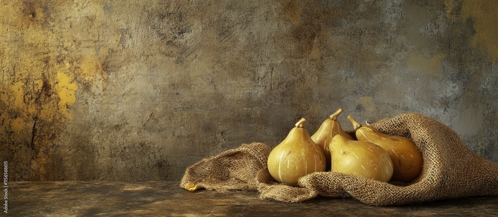 Aufkleber rustic gourds arranged on burlap cloth with textured background highlighting natural farm essence an