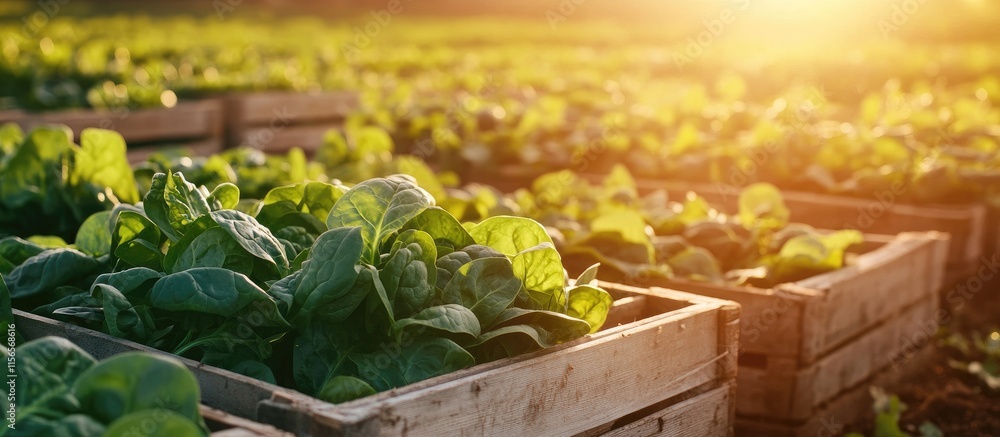 Poster freshly harvested spinach leaves in wooden crates during sunset on a green farm field with ample cop