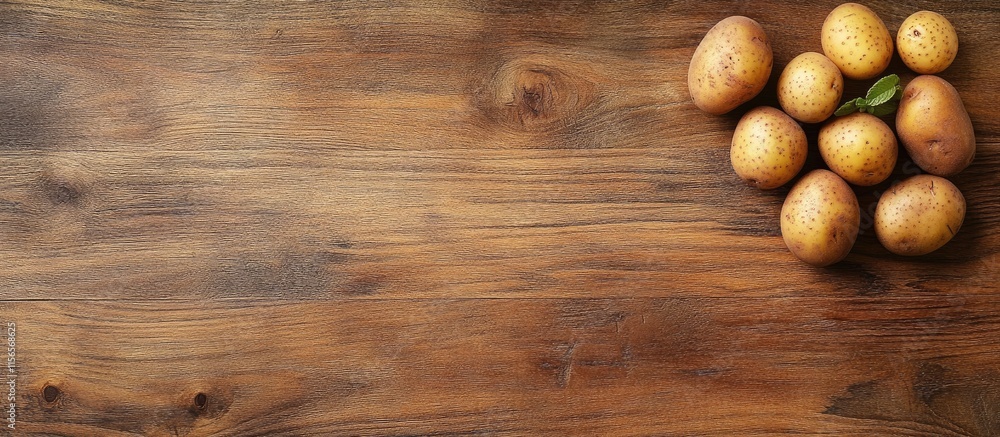 Poster organic potatoes arranged on a rustic wooden surface with ample space for text display or promotiona