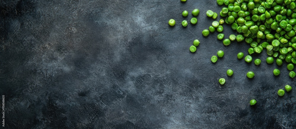 Poster freshly harvested green beans scattered on a dark textured background with ample copy space for crea