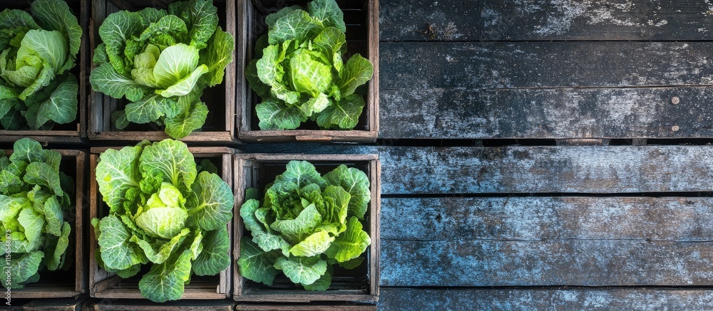 Poster freshly harvested cabbages in wooden crates on a rustic farm with ample copy space for text and prom