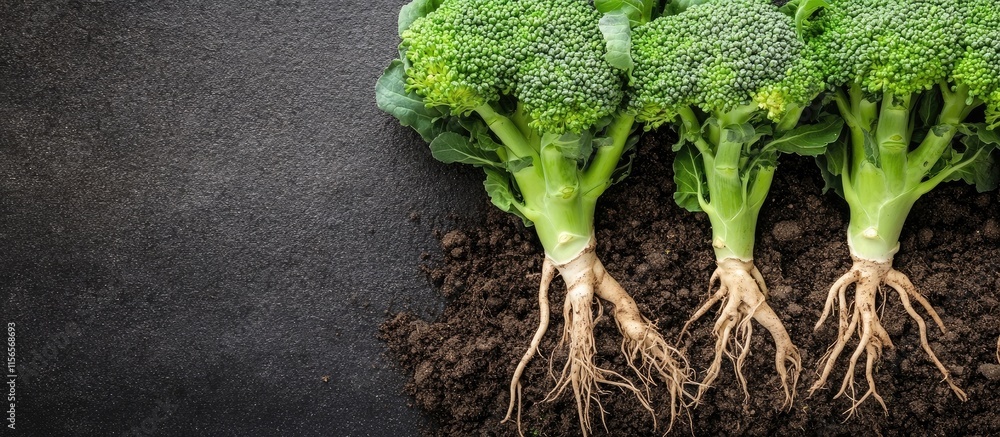 Poster freshly harvested broccoli with visible roots in rich dark soil showcasing natural produce and empty