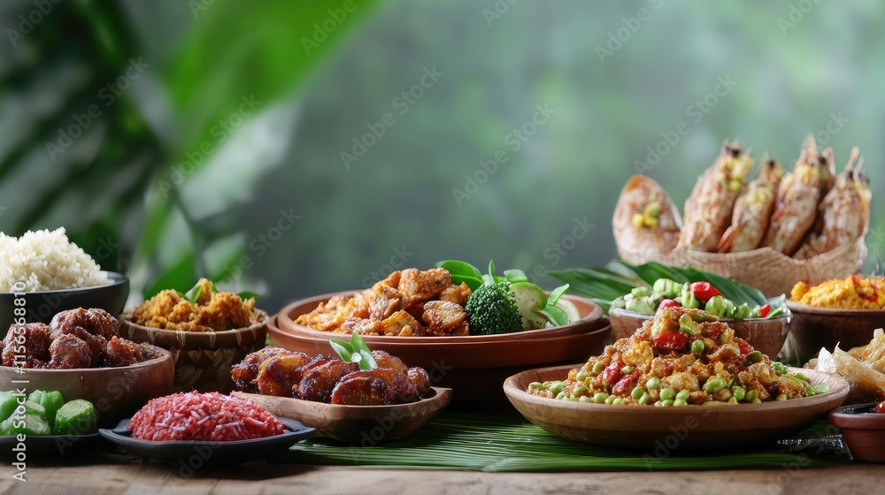 Aufkleber cultural dishes from diverse cuisines arranged on a table with a natural background and ample space 