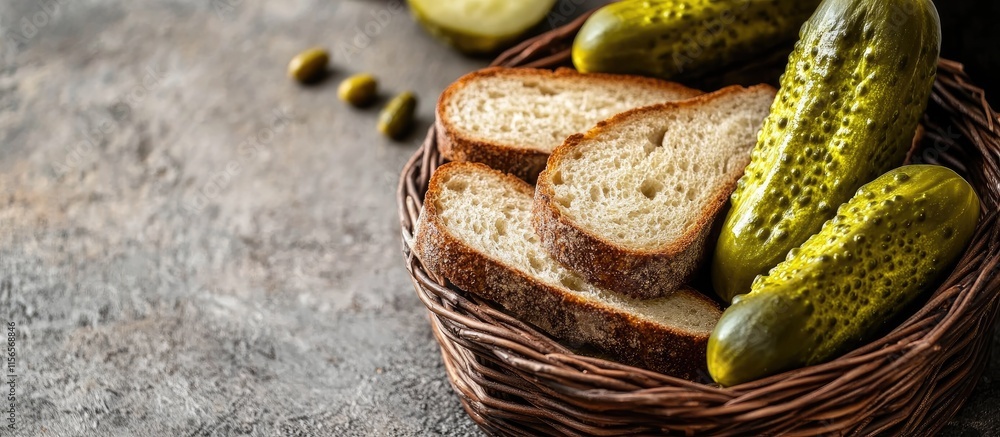 Aufkleber delicious slices of artisan rye bread with pickles in woven basket on rustic surface empty space for