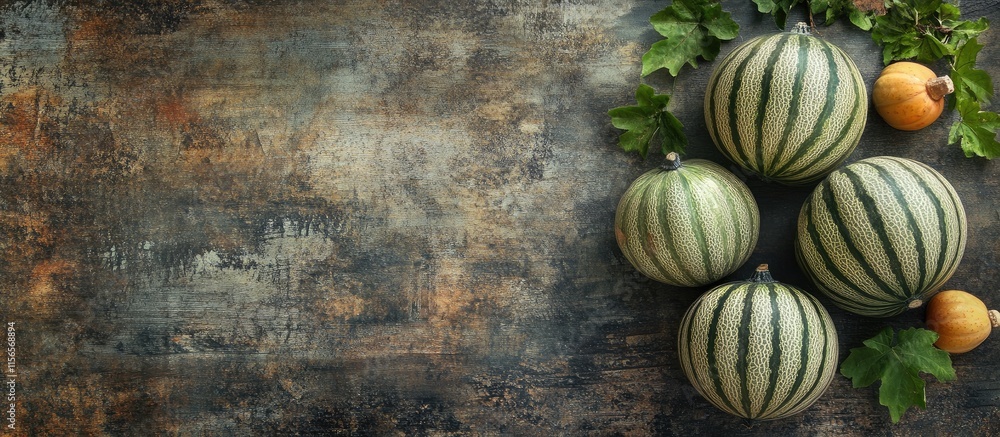 Poster freshly harvested wintermelon and citrus fruits on rustic wooden surface with empty space for text o