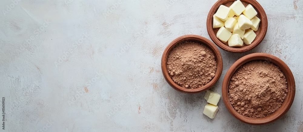 Poster Freshly Ground Cocoa Powder in Clay Bowls with White Chocolate Chunks on Textured Surface with Generous Copy Space for Design Applications