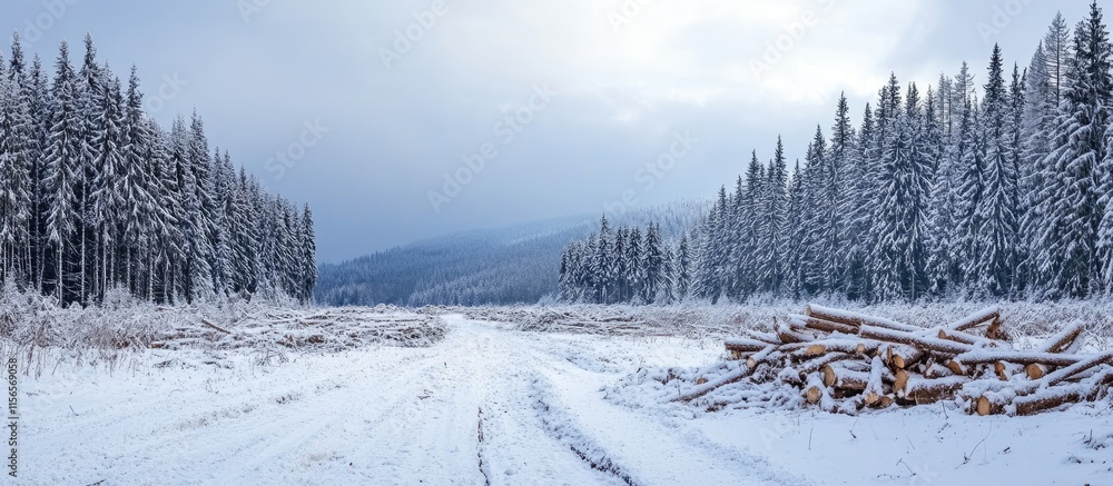 Poster thinned winter forest landscape with snowy trees and clear pathway after storm for text overlay and 