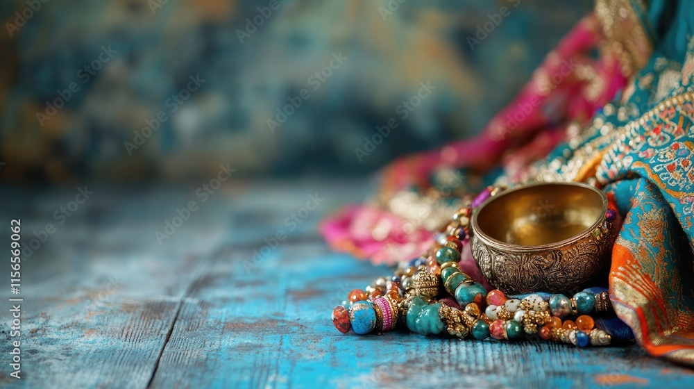 Poster cultural artifacts and vibrant textiles showcasing tradition with colorful accessories on rustic bac