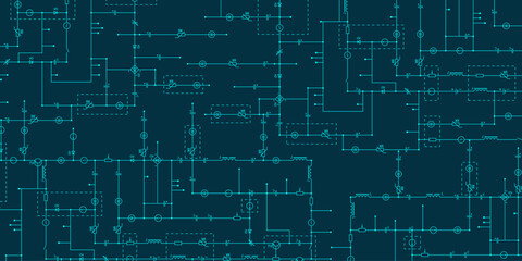 Electrical circuit diagram. Blue industry background with components of conductors, connections, contour, controllers, transistors