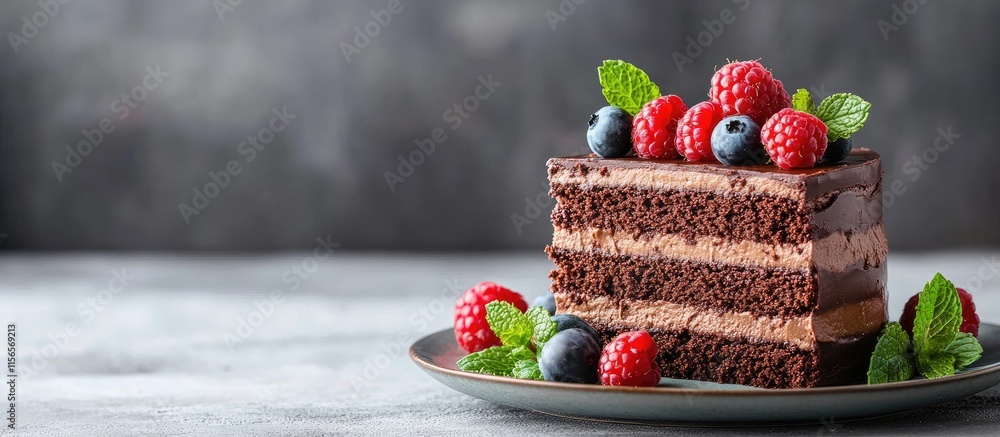 Poster flourless hazelnut chocolate cake slice topped with berries and mint on a plate with empty space for