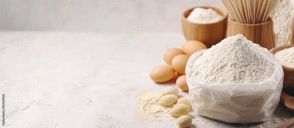 Aufkleber flour in bag with baking ingredients and eggs on textured surface empty space for recipe or culinary