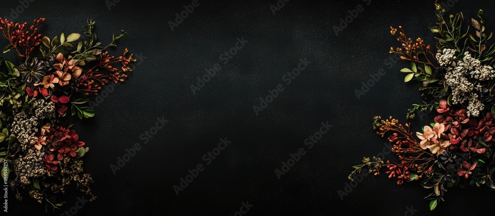 Poster elegant flower arrangement on dark background with copy space for text in a top view flat lay style