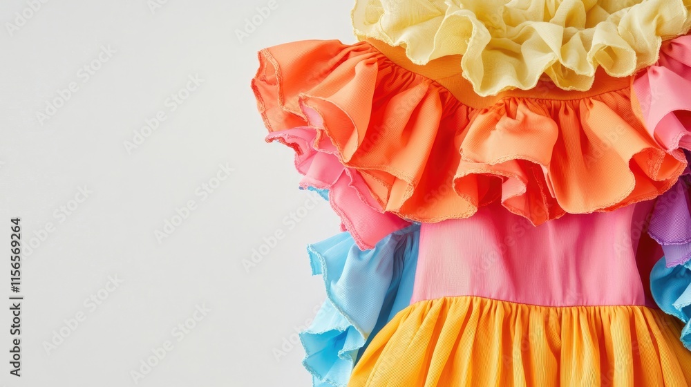 Poster colorful ruffled blouse with puff sleeves and blank space for custom text display