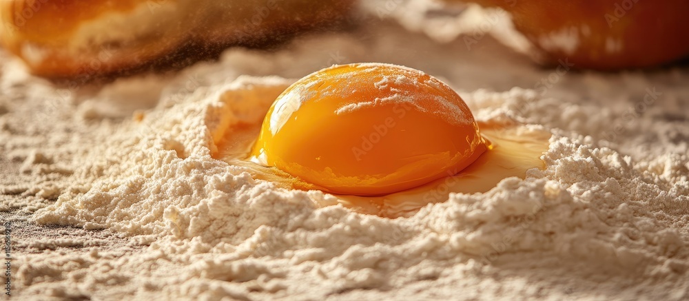 Aufkleber flour and egg yolk on rustic bakery counter with fresh bread and blank space for culinary text or re