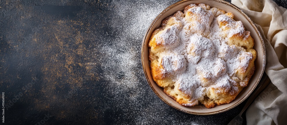 Poster flour-based dessert in a bowl dusted with powdered sugar against a dark background with ample empty 
