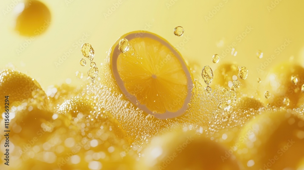 Poster yellow lemons splashing in water, creating a vibrant and refreshing visual.