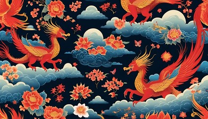 Seamless pattern featuring miniature Lunar New Year festivals: dragon dances, lantern festivals, and fireworks, all captured in a cartoon-style aesthetic