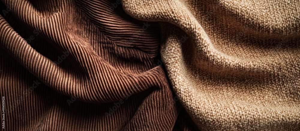 Poster brown linen and beige corduroy fabric texture closeup with soft drapery and empty space for custom t