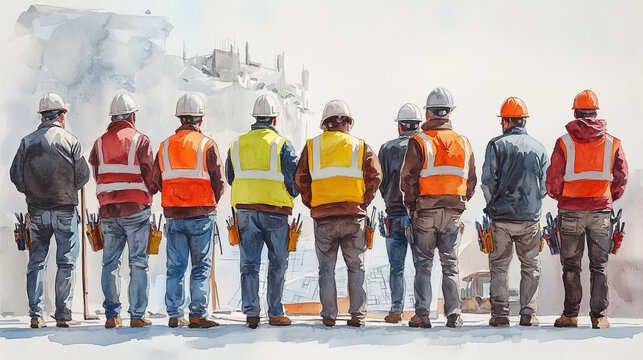 Group of workmen in safety gear observing construction site
