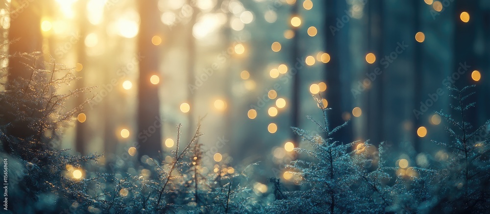 Poster magical woodland forest with soft bokeh lights ideal for greeting cards or artwork featuring empty c